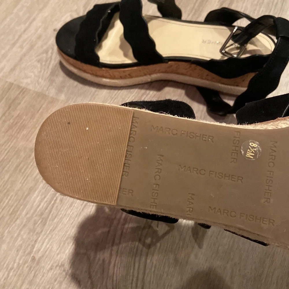 Marc Fisher Black Fayme Strappy Scalloped Wedge Sandal - Picture 4 of 6